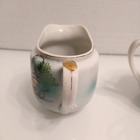 Vintage Nippon Hand Painted China Double Handle Sugar Bowl With Lid & Creamer - Picture 3 of 13